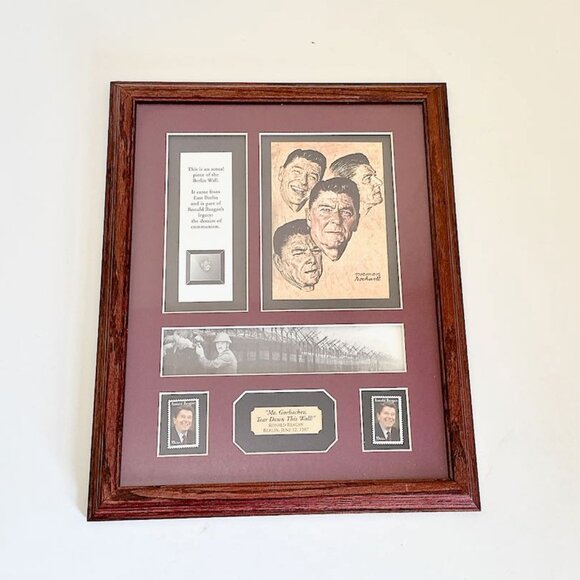 RONALD REAGAN NORMAN ROCKWELL BERLIN WALL 39 CENT STAMP FRAMED TEAR DOWN - Picture 1 of 9